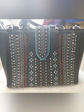 P & G Collection Black Embellished Tote Bag with Turquoise Accents